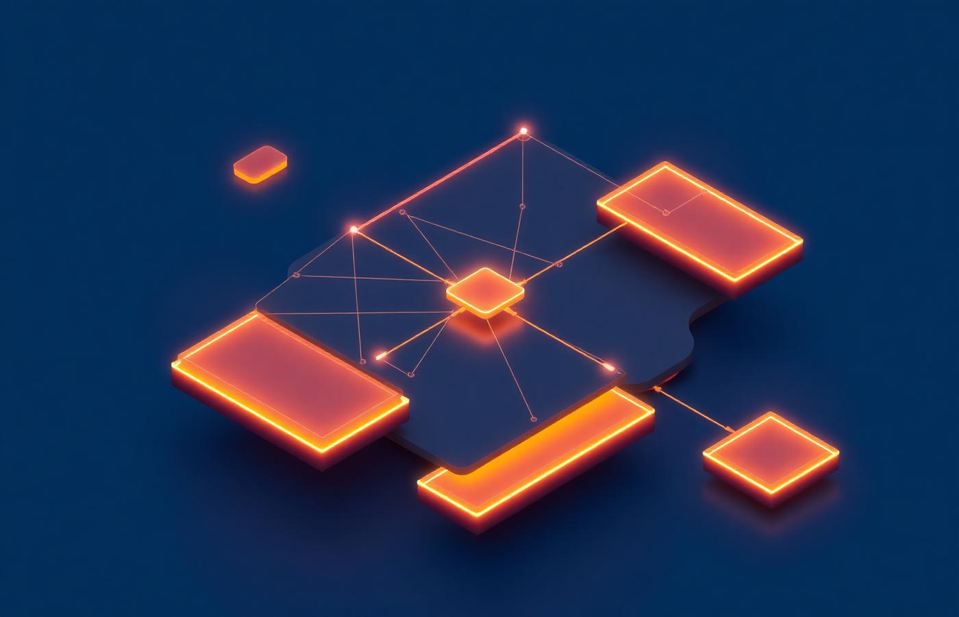 Isometric cloud infrastructure diagram glowing in copper