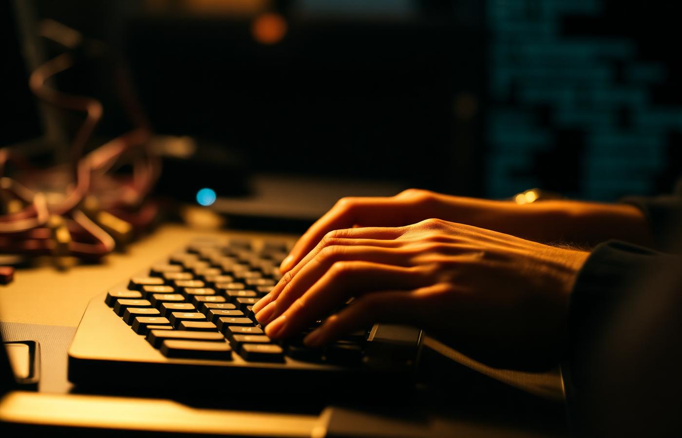 Hands typing on a backlit mechanical keyboard with warm light