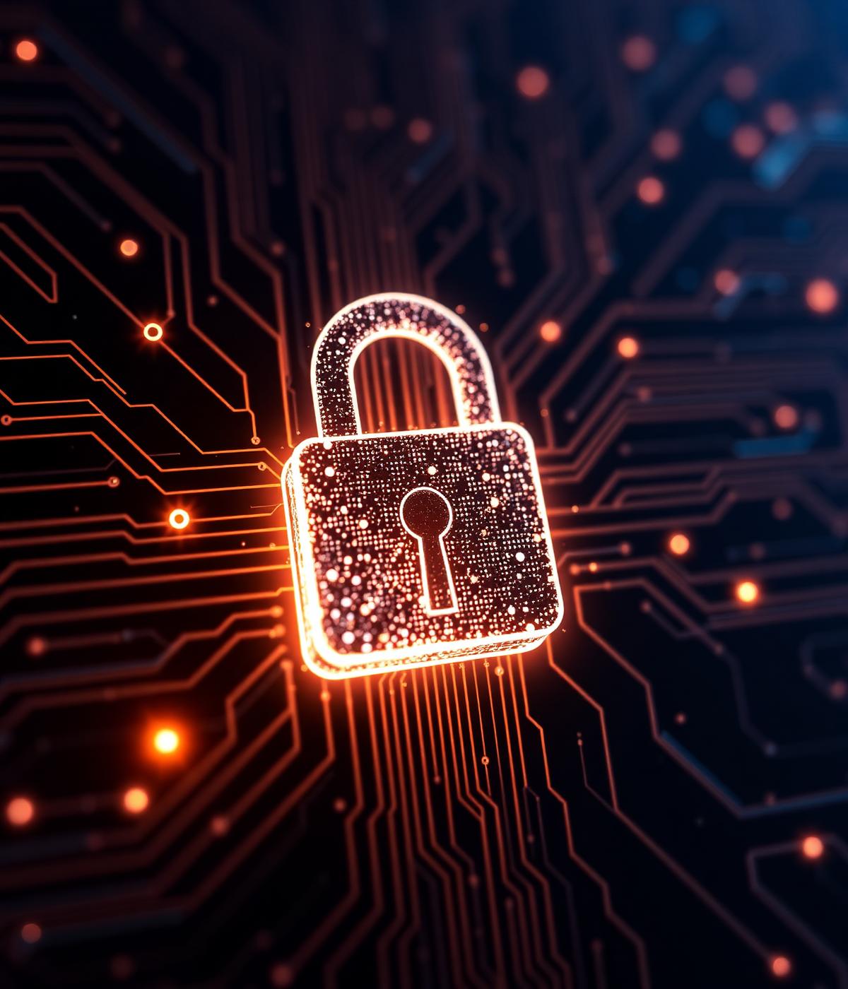 Glowing padlock over copper circuit board representing cybersecurity